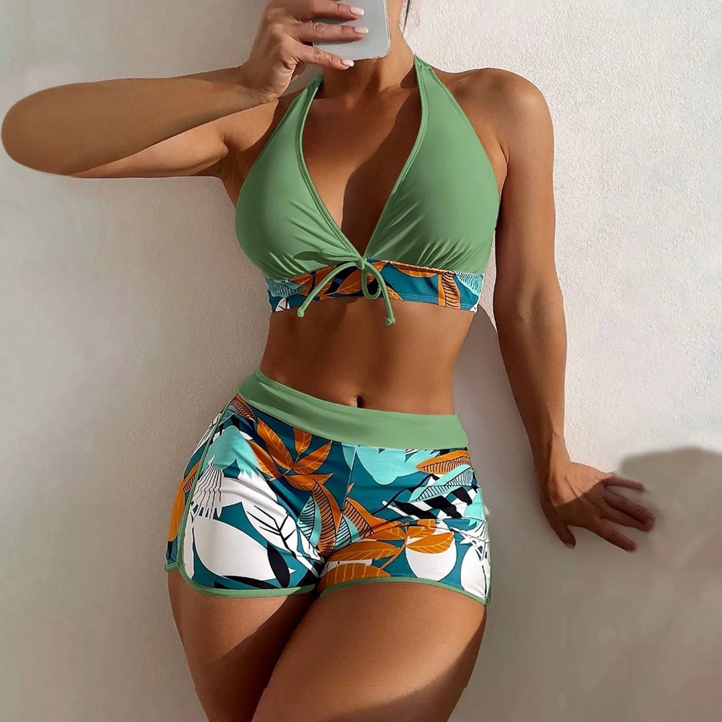 Women's Paneled Printed Swimsuit Ladies Fashion High Waist Swimsuit Two-Piece Set V-Neck Bathing Suits Female by DERILUJA LLC