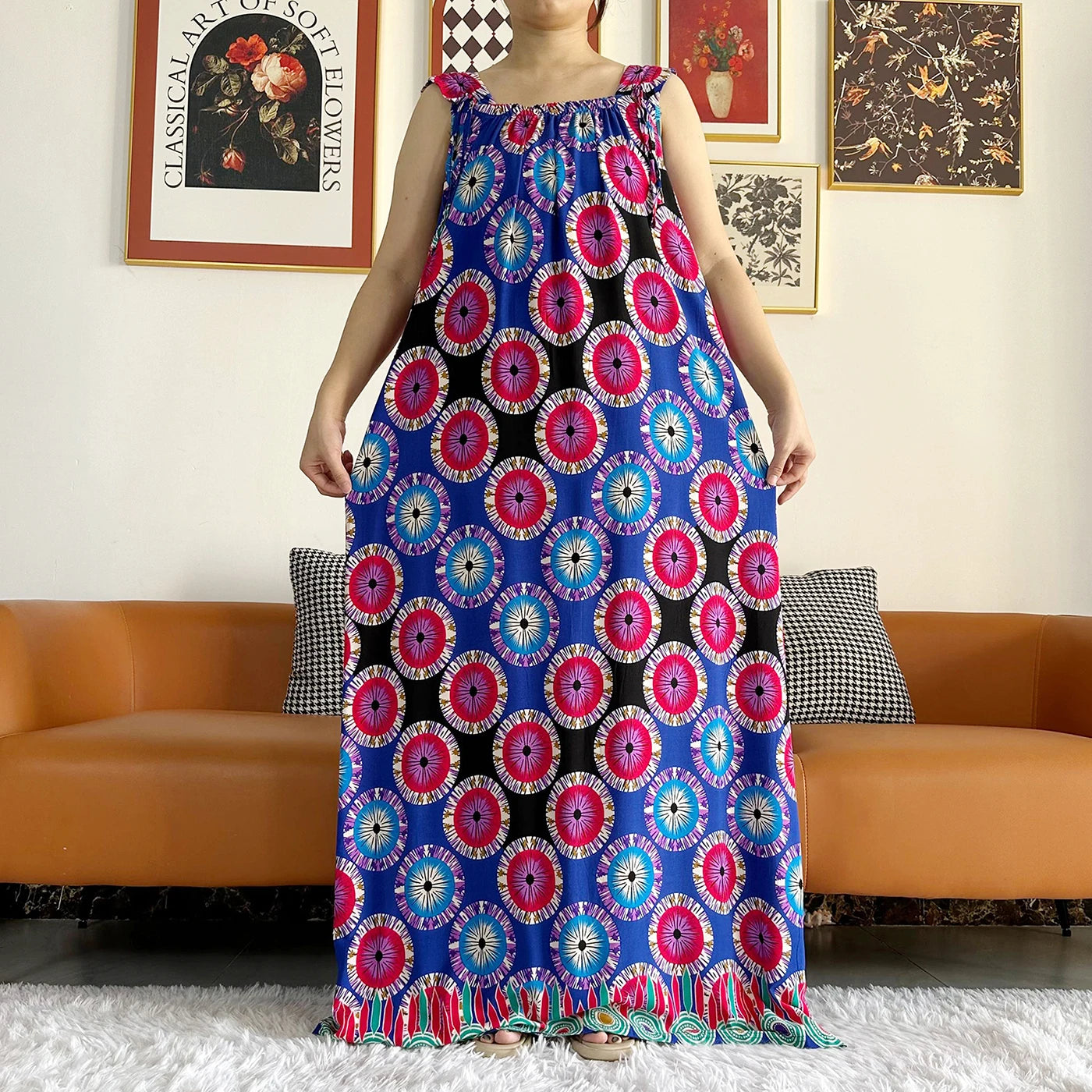 Cotton Summer Sleeveless Dress Print Floral Loose Women Casual Robe With Big Scarf by DERILUJA LLC
