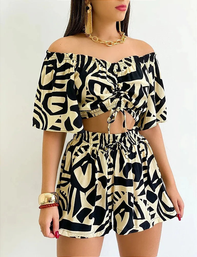 Shoulder Slash Neck T-shirt Shorts Set Office Lady Floral Print Lace Up Short Sleeve Two Piece Set Women Outfit 2026