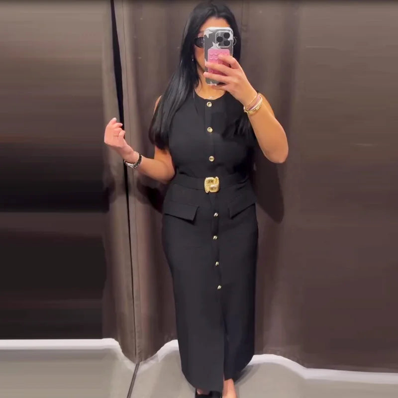 Long Dresses Summer 2026 Sleeveess Button Up Belt Sundress Vestidos by DERILUJA LLC