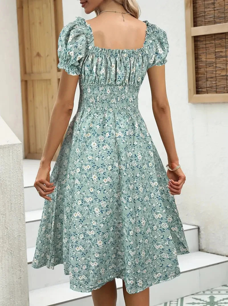 2026 Summer New Vintage Floral Bubble Sleeve French Dress by DERILUJA LLC
