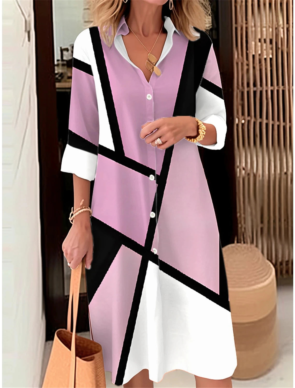 Autumn Elegant Long Sleeve Plaid Shirt Dress Flip Lapel Single Breasted Patchwork Dress Women's Comfortable Commuter Casual Robe by DERILUJA LLC