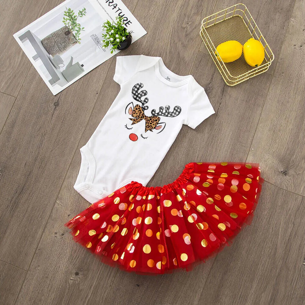 Deer Print Christmas Baby Romper & Tutu Set Christmas Girls Outfit Infant Baptism Short Sleeve Bodysuit Dress Xmas Outfits Skirt by DERILUJA LLC