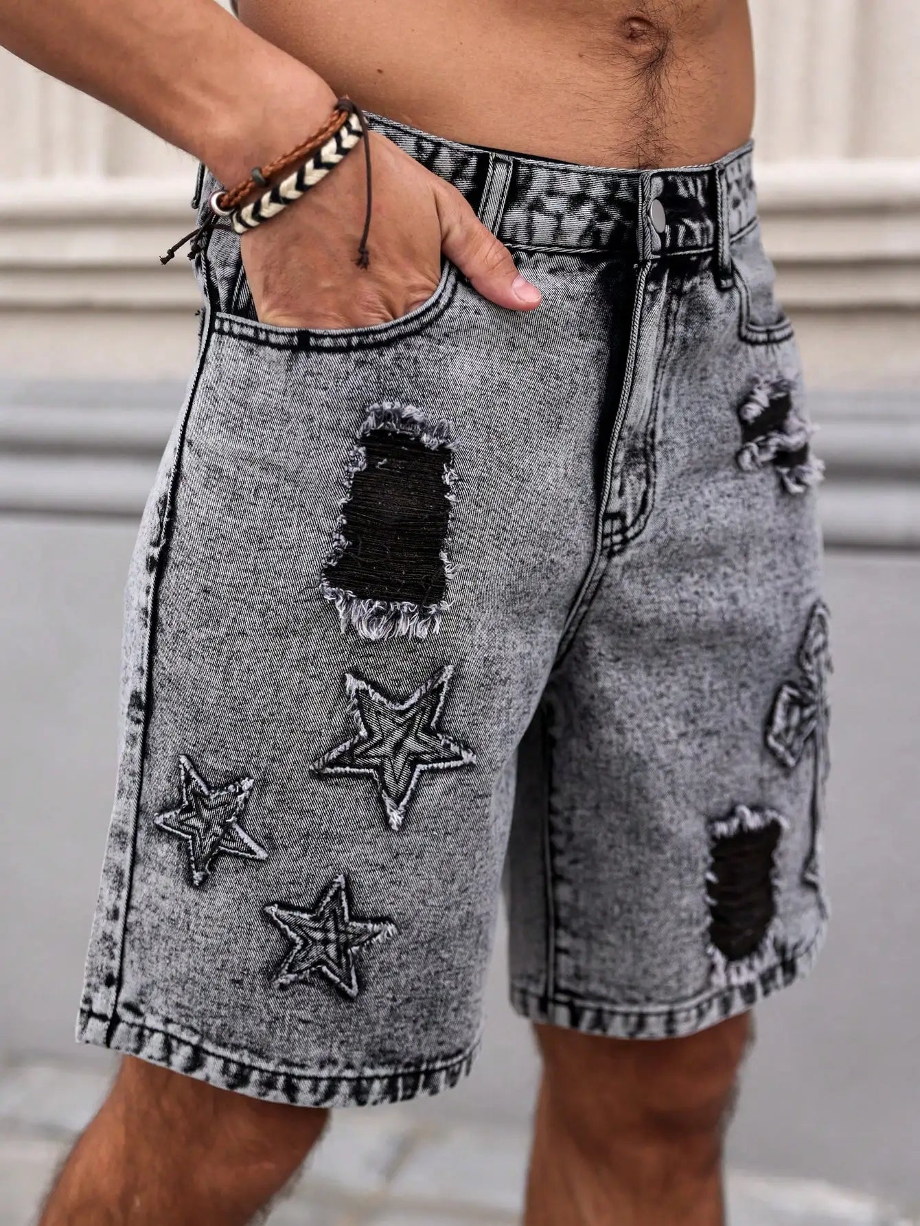Men's Summer Denim Shorts. Straight-leg fit. Ripped design. Dark gray denim embroidered shorts by DERILUJA LLC
