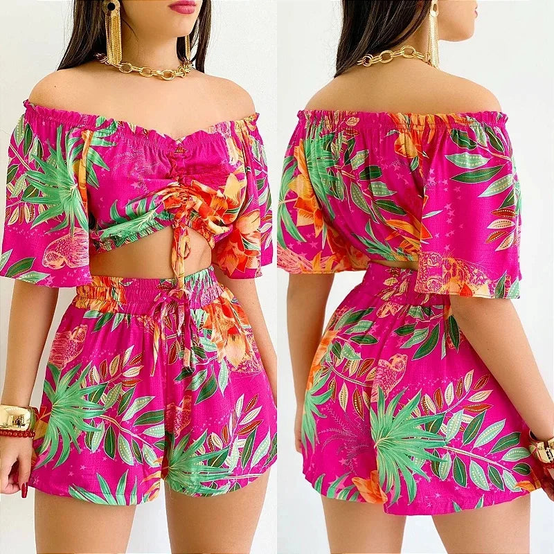 Shoulder Slash Neck T-shirt Shorts Set Office Lady Floral Print Lace Up Short Sleeve Two Piece Set Women Outfit 2026 by DERILUJA LLC