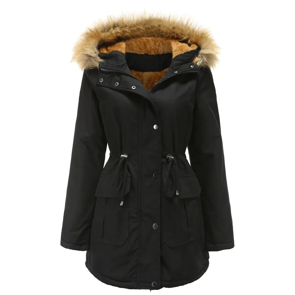 Women's Winter Jacket Warm Solid Plush Thickened Long Winter Coat Outdoor Hiking Fur Hooded Windproof Down Parka Coats Overcoat by My Store