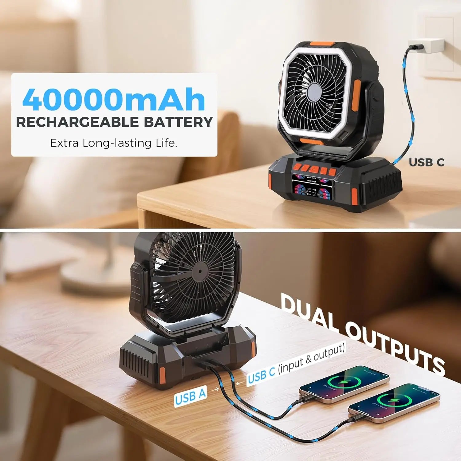 Rechargeable Portable camping Fan 40000mah 720° Rotating Hanging Fan Night Light Air Cooler Outdoor Camping Tent fans ventilador by DERILUJA LLC