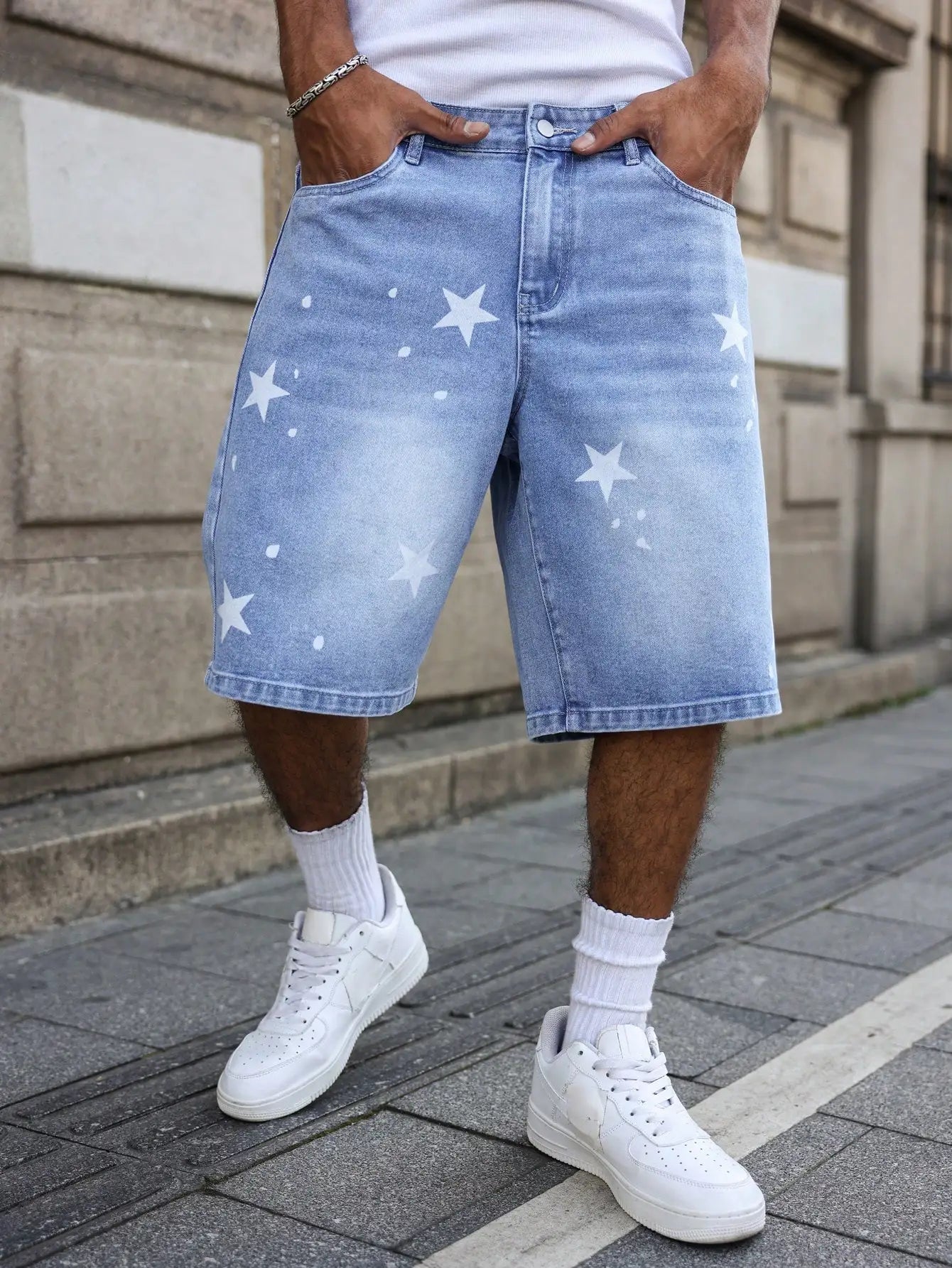 Men's blue denim shorts for spring and summer, with stars printed on the legs, are stylish and simple to match. by DERILUJA LLC
