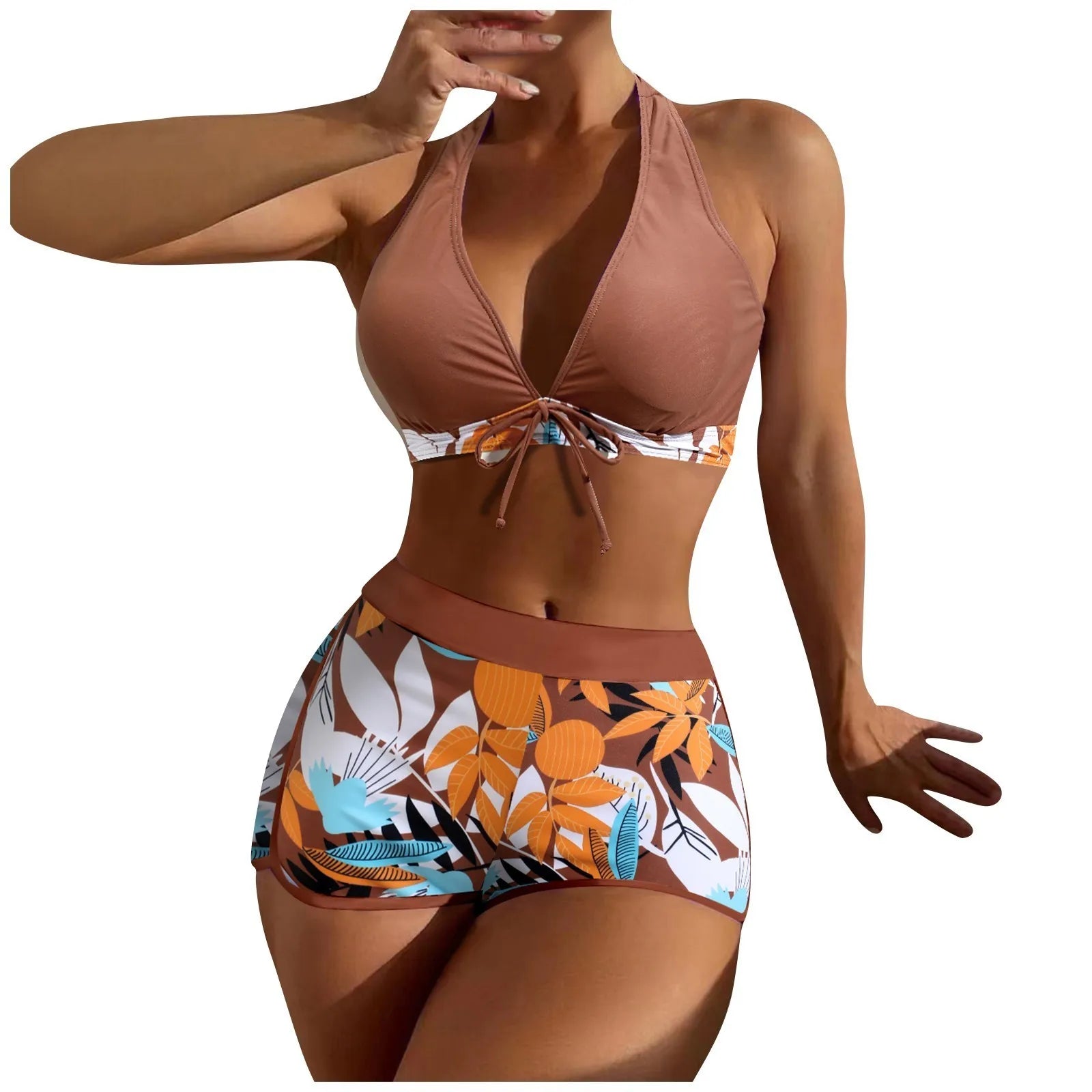 Women's Paneled Printed Swimsuit Ladies Fashion High Waist Swimsuit Two-Piece Set V-Neck Bathing Suits Female by DERILUJA LLC