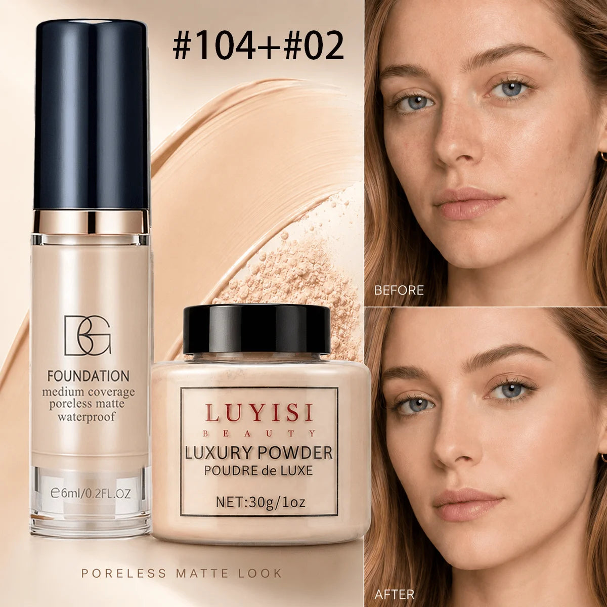 Facial Makeup Set:1pc Matte Loose Powder+1pc Waterproof Fundation,High-Coverage,Long-Lasting,Oil Control,Creat Natural Looks. by DERILUJA LLC