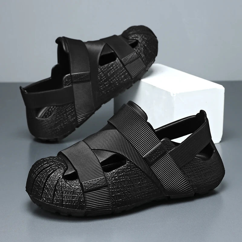 Summer Men's Outdoor Hollow Sandals Flat Bottom Non Slip Women's Garden Beach Breathable Soft Bottom Sneakers Large Sandals by DERILUJA LLC