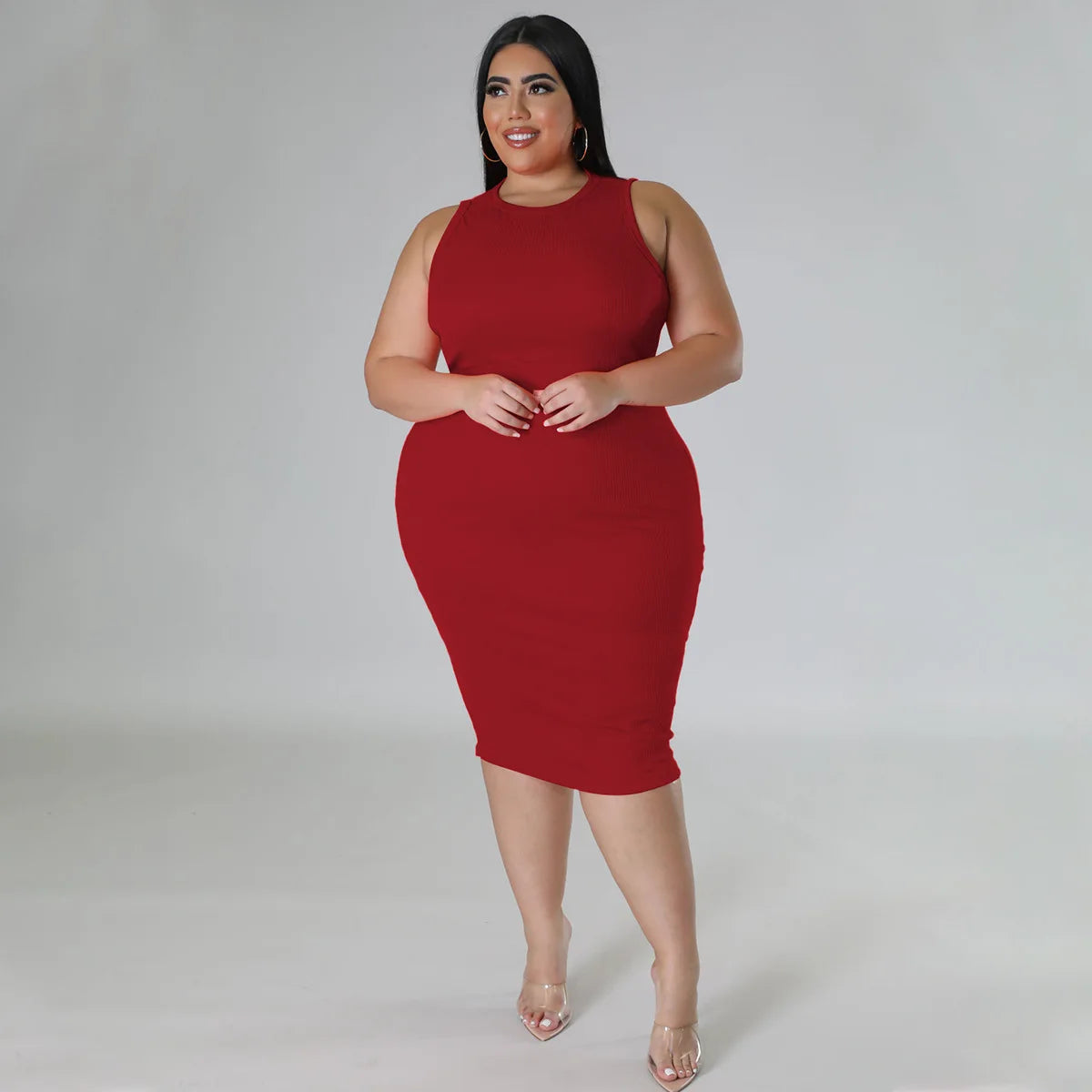 Women Plus size Fashion Sleeveless Knit Ribbed Bodycon Midi Tank Dress by DERILUJA LLC