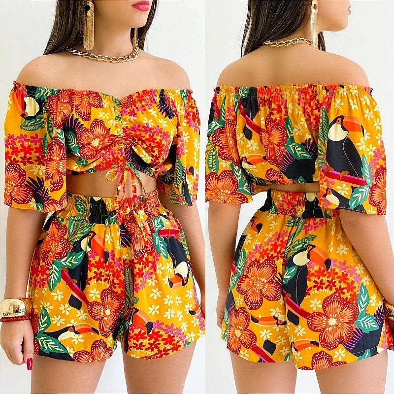 Shoulder Slash Neck T-shirt Shorts Set Office Lady Floral Print Lace Up Short Sleeve Two Piece Set Women Outfit 2026 by DERILUJA LLC