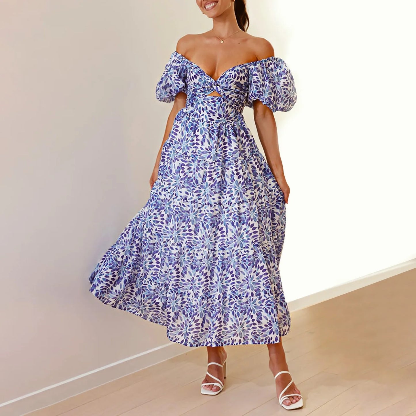 Summer V Neck Cutout Floral Print Dresses Elegant Women Puff Short Sleeve Casual Dress Pleated Waisted Swing Beach Long Dress 2026 by DERILUJA LLC