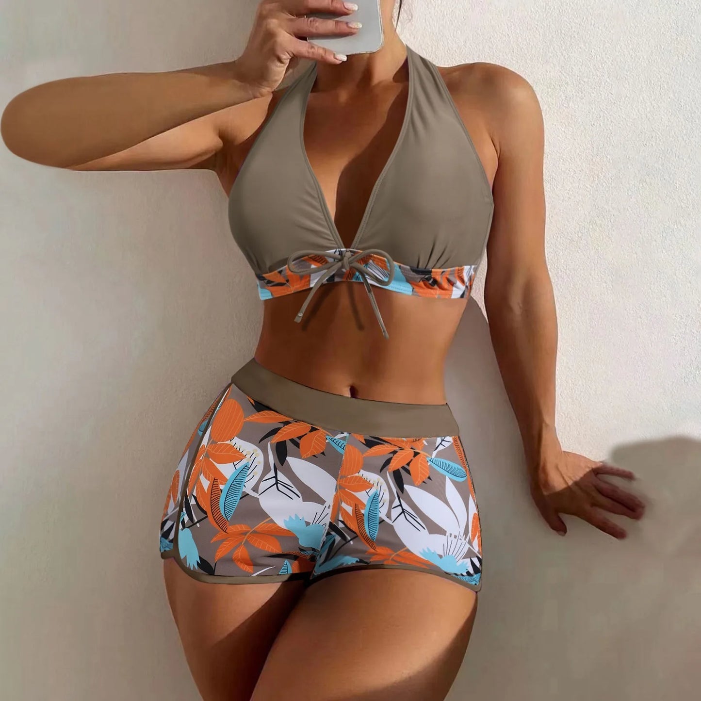 Women's Paneled Printed Swimsuit Ladies Fashion High Waist Swimsuit Two-Piece Set V-Neck Bathing Suits Female by DERILUJA LLC