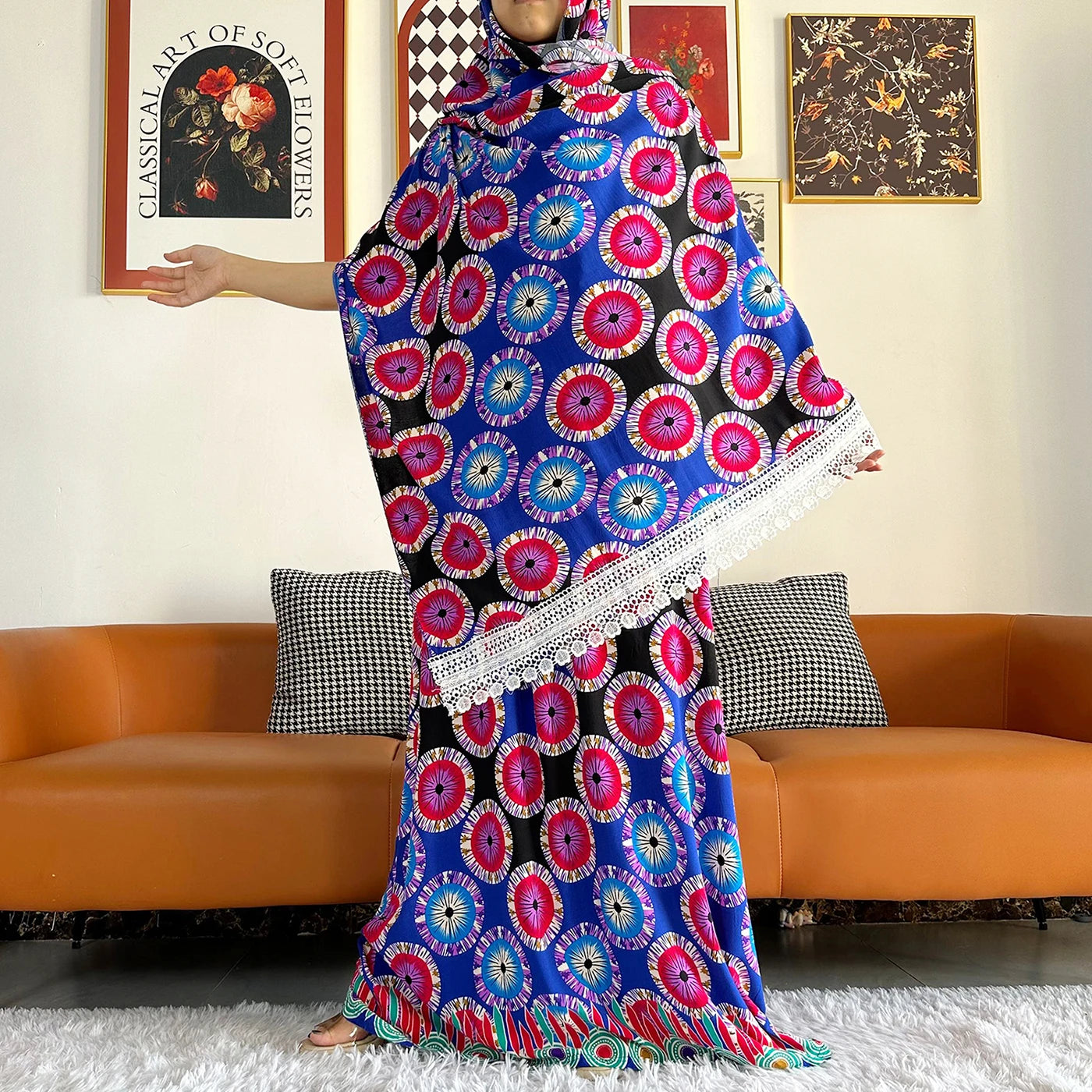 Cotton Summer Sleeveless Dress Print Floral Loose Women Casual Robe With Big Scarf by DERILUJA LLC