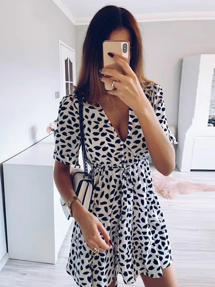 White Sand Spot Mini Summer Women V Neck Casual Beach Sundress Sexy Botton Wrap Bodycon Dress Female by DERILUJA LLC