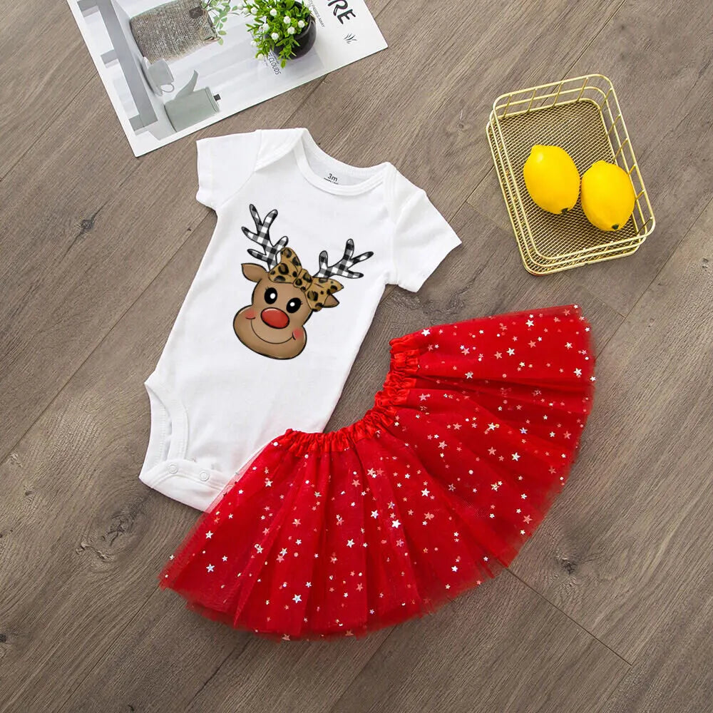 Deer Print Christmas Baby Romper & Tutu Set Christmas Girls Outfit Infant Baptism Short Sleeve Bodysuit Dress Xmas Outfits Skirt by DERILUJA LLC
