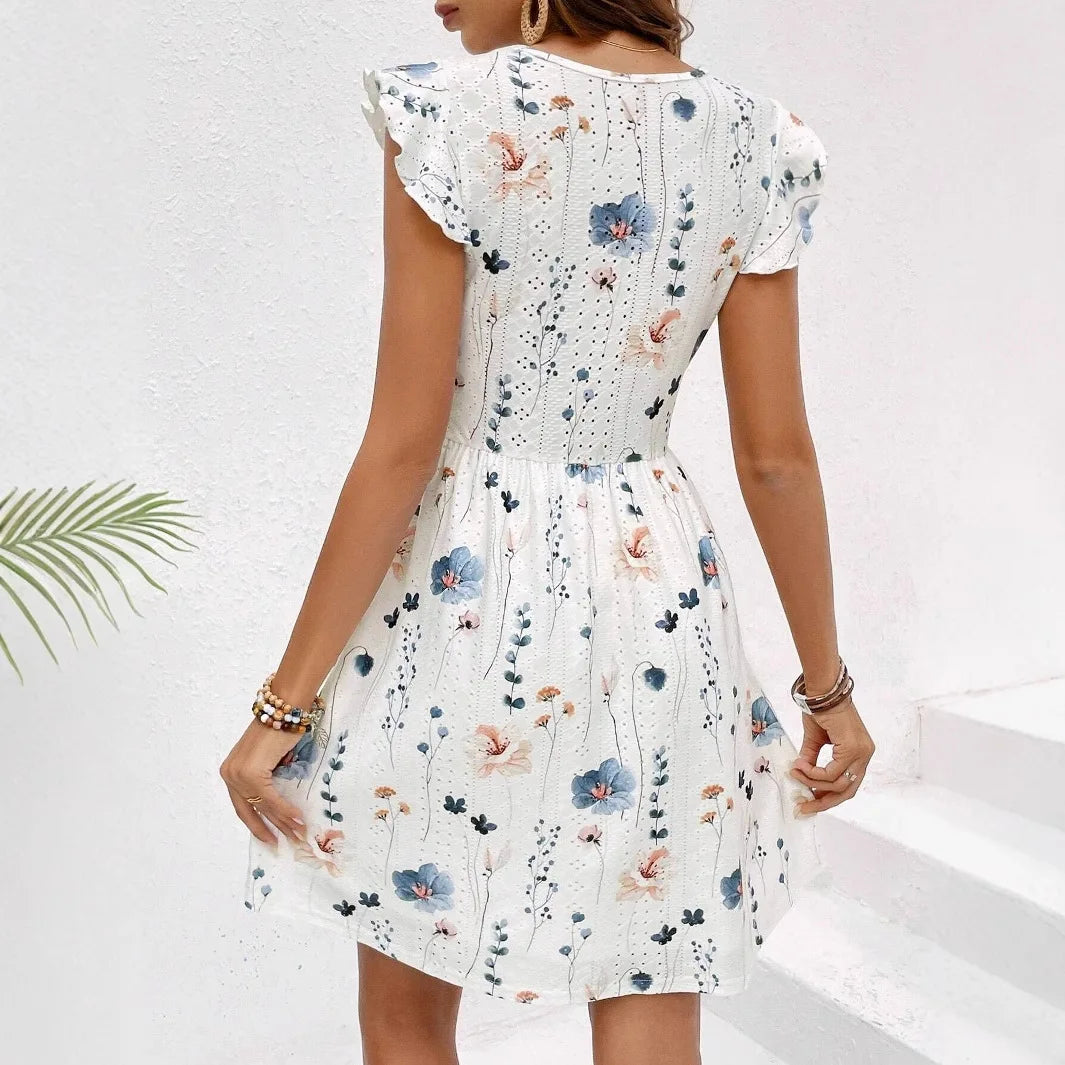 Summer Elegant Lace Mini Dress Women 2026 Fashion Sleevelesss A-line Floral Print V-neck Short Dresses Casual by DERILUJA LLC