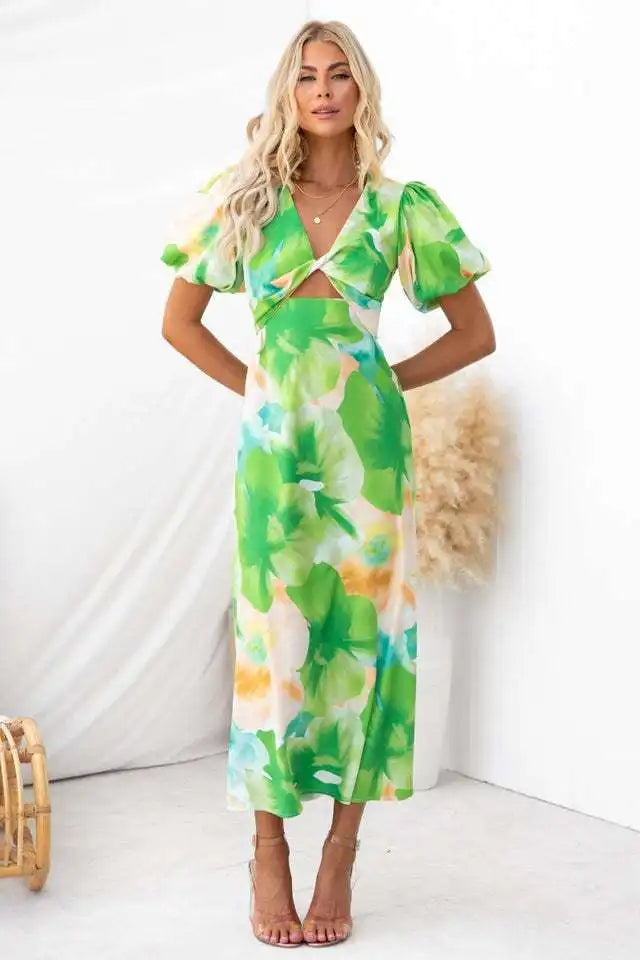 Summer Fashion New Women's PartyDress V-Neck Long Hollow Open Back Print A-line Long Bubble Sleeve Dress 2026 by DERILUJA LLC