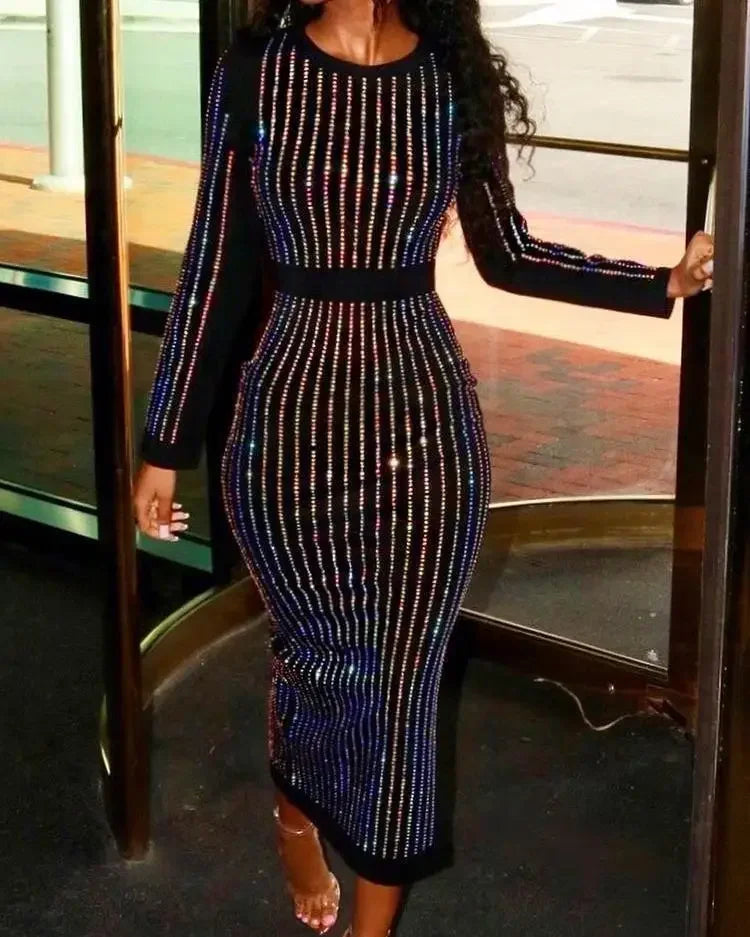 2026 Sequin Round Neck Women Dress Striped Solid Splice Party by DERILUJA LLC