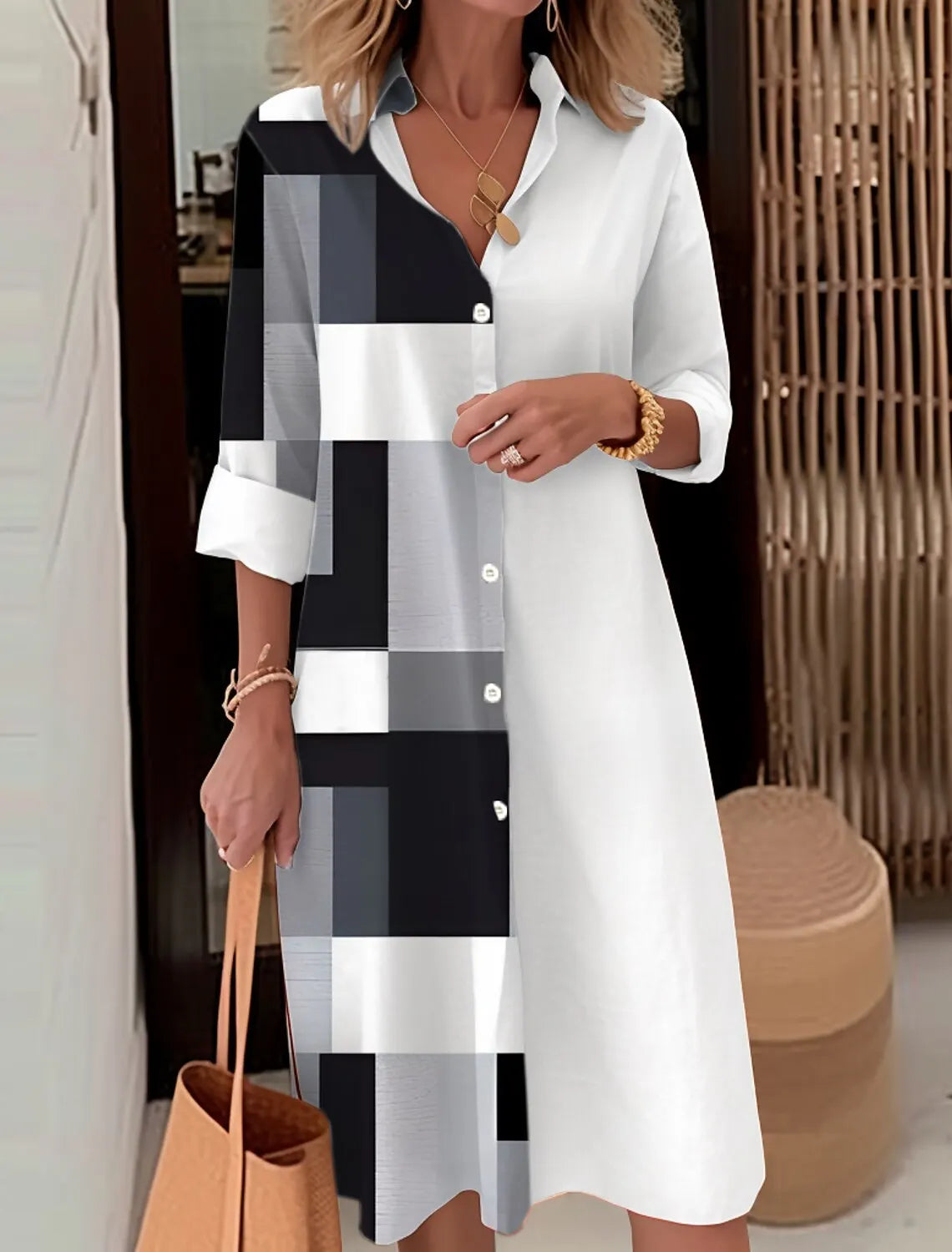 Autumn Elegant Long Sleeve Plaid Shirt Dress Flip Lapel Single Breasted Patchwork Dress Women's Comfortable Commuter Casual Robe by DERILUJA LLC