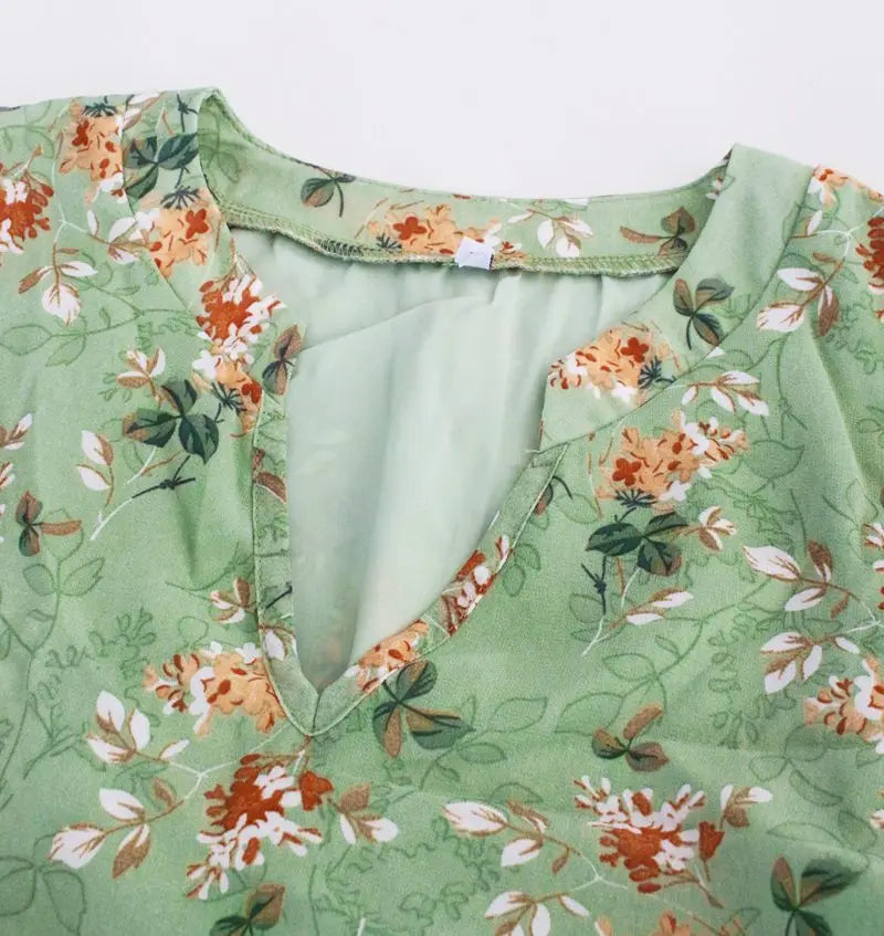 Spring Summer Fashion Women V Neck Short Sleeve Loose Chic Floral Printed Dress by DERILUJA LLC