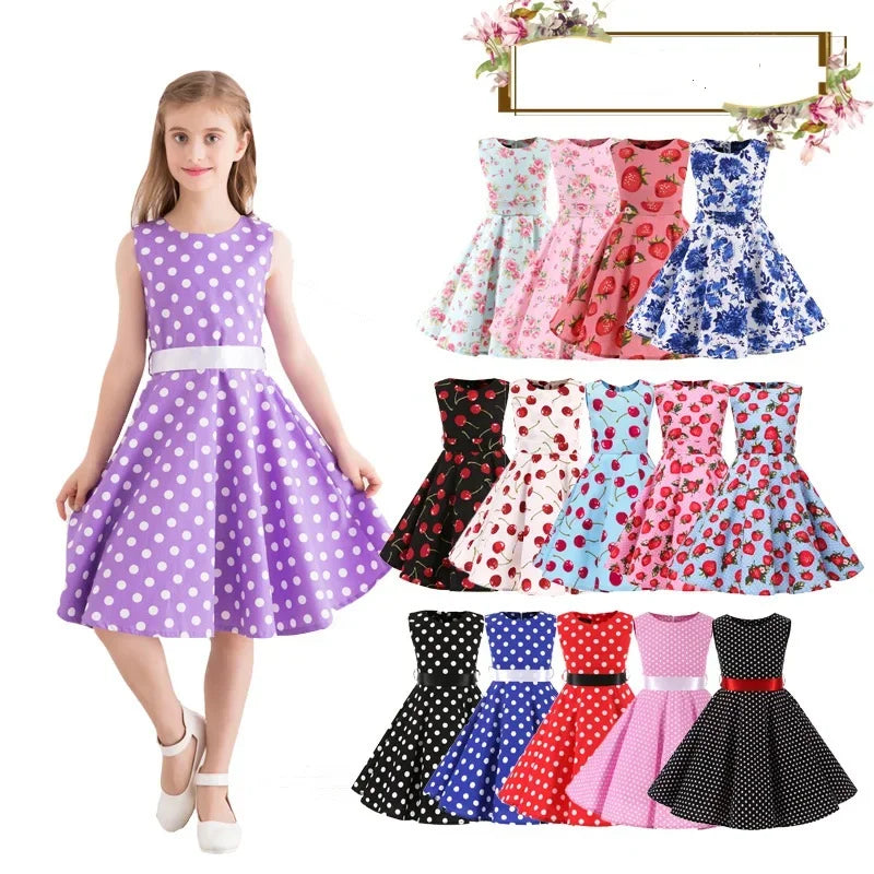 Polka Dot Vintage Kids 1950s Swing Dress Flower Floral Midi Dress Cotton Summer Dress Baby Girl by DERILUJA LLC