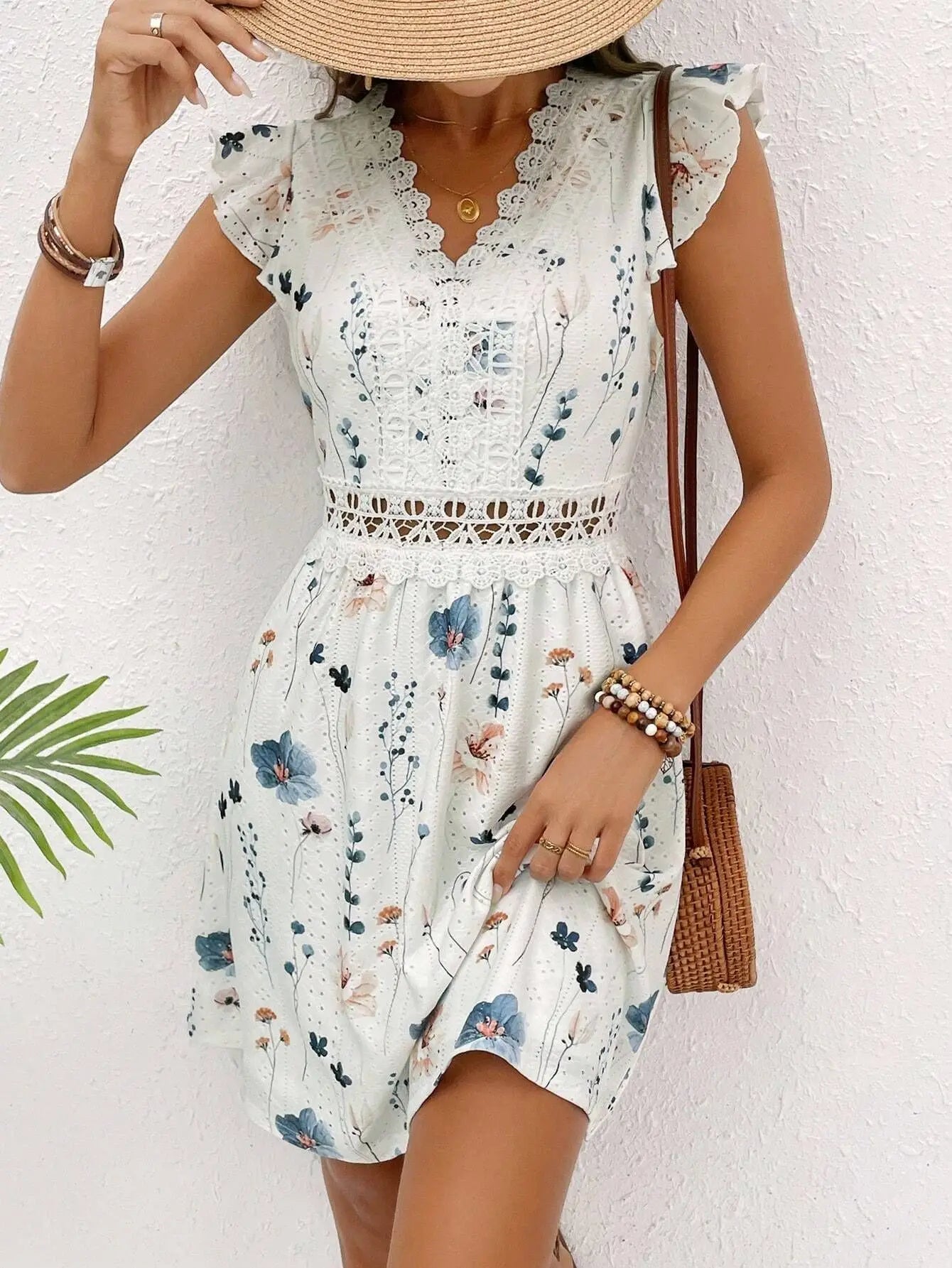 Summer Elegant Lace Mini Dress Women 2026 Fashion Sleevelesss A-line Floral Print V-neck Short Dresses Casual by DERILUJA LLC