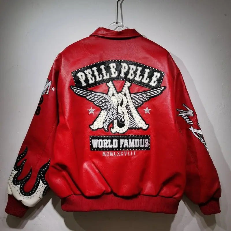 Hip-hop eagle embroidery leather jackets cool flame decoration baseball streetwear autumn and winter jacket men clothing by DERILUJA LLC