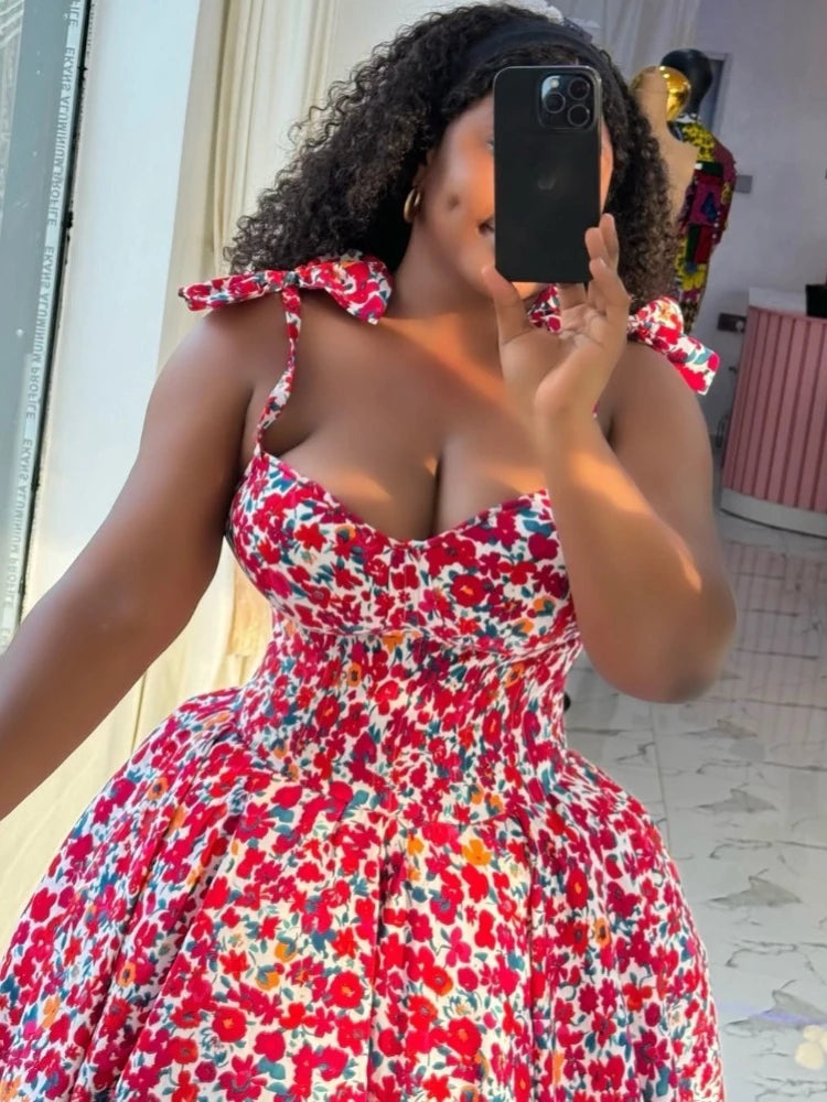 Elegant Floral Print A- Line Mini Dress with Bow Knot High Waist Slimming for Women Spring Season Fashion Casual Skirt