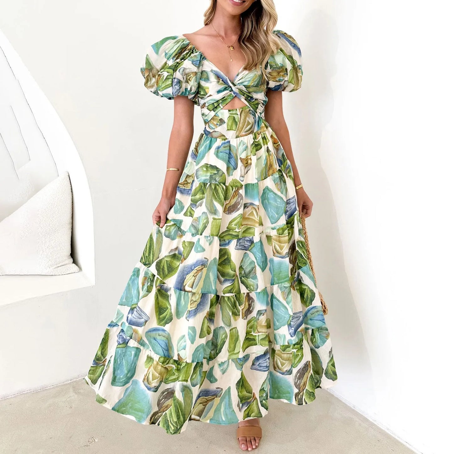 Summer V Neck Cutout Floral Print Dresses Elegant Women Puff Short Sleeve Casual Dress Pleated Waisted Swing Beach Long Dress 2026 by DERILUJA LLC