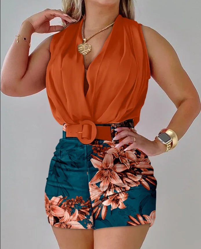 Summer two-piece ( 2 Pieces Sets) for Women Fashion Sleeveless Halter Top Printed Shorts Two Piece Set Elegant Office Lady Commuting Suit 2026 by DERILUJA LLC