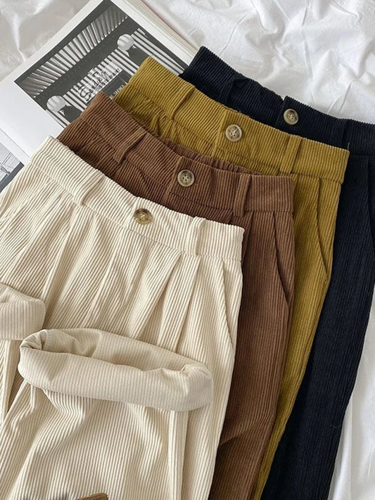ZOKI High Waist Women Retro Corduroy Pants Fall Straight Causal Full Length Trousers Vintage Coffee Pockets All Match Pants New by My Store