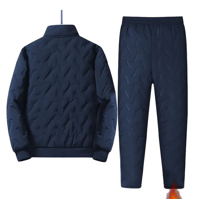 Men's autumn and winter sports suit stand collar casual cardigan jacket outdoor thick warm cotton jacket and pants two-piece set by Badon Shop LLC