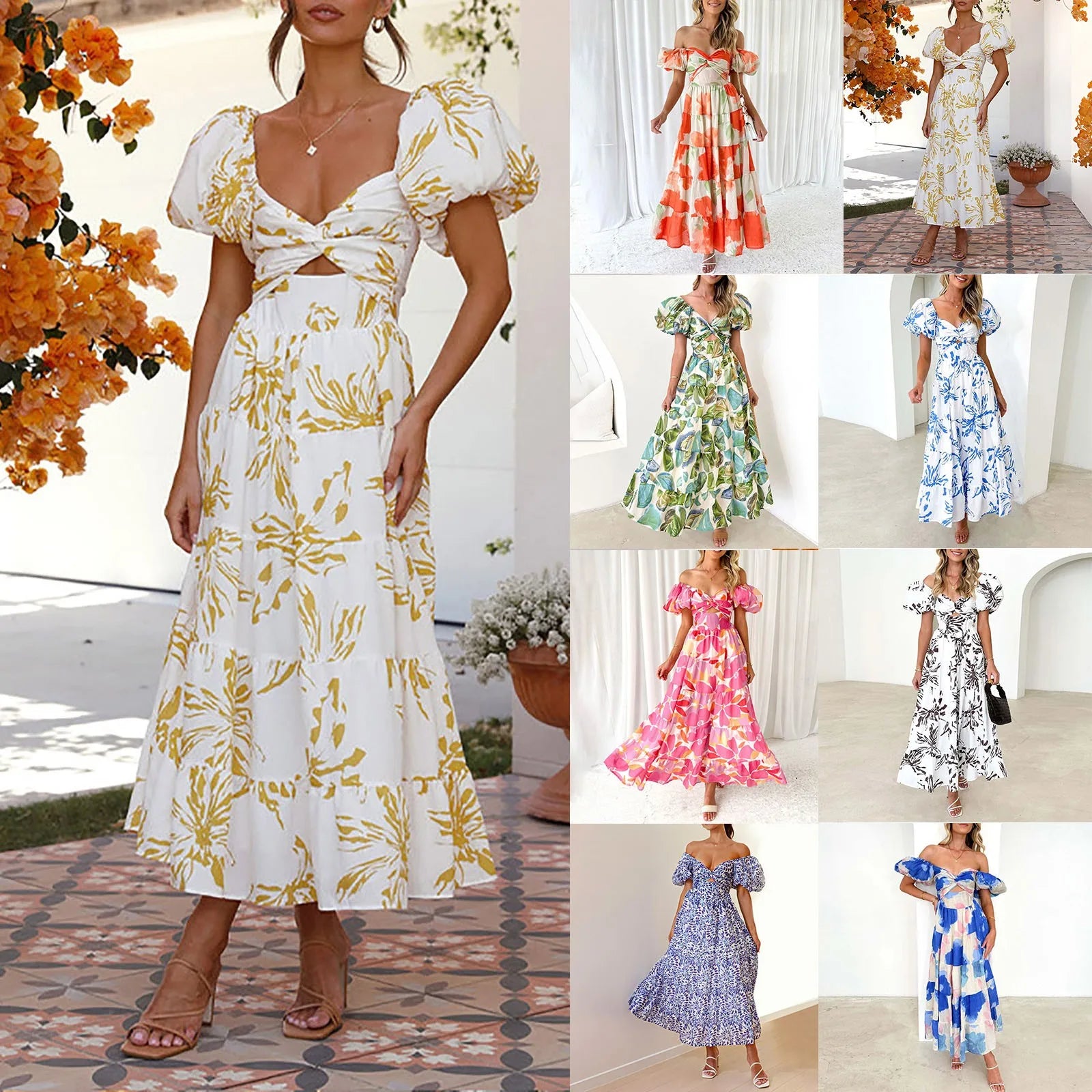 Summer V Neck Cutout Floral Print Dresses Elegant Women Puff Short Sleeve Casual Dress Pleated Waisted Swing Beach Long Dress 2026 by DERILUJA LLC