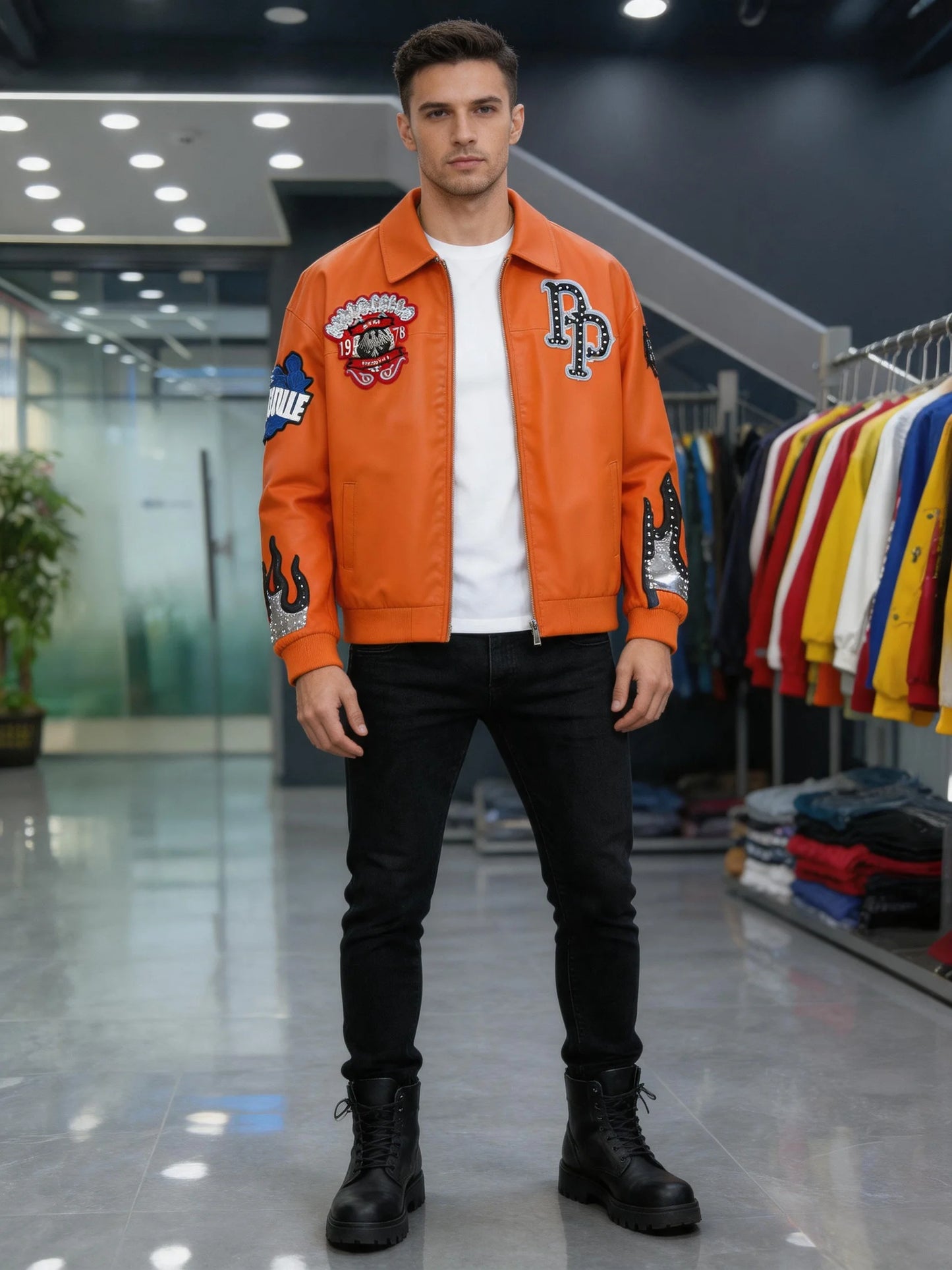 Hip-hop eagle embroidery leather jackets cool flame decoration baseball streetwear autumn and winter jacket men clothing by DERILUJA LLC