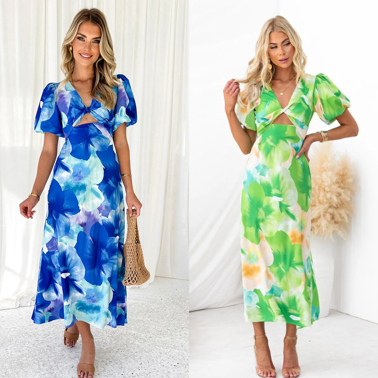 Summer Fashion New Women's PartyDress V-Neck Long Hollow Open Back Print A-line Long Bubble Sleeve Dress 2026 by DERILUJA LLC