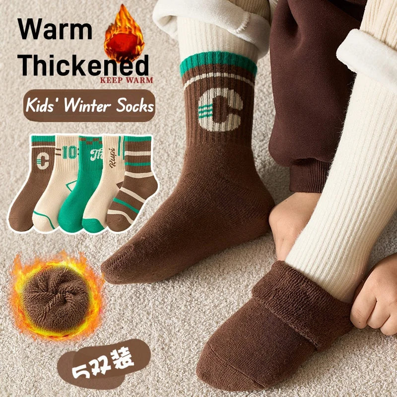 5 Pairs/lot Children's Winter Socks Warm Baby Child Thicken Cotton Socks Boys Terry Socks Letter Pattern Thermal Socks by DERILUJA LLC