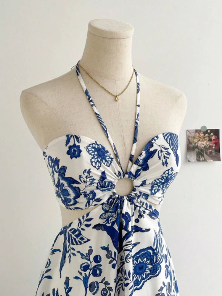 Women's Romantical Floral Print Halter Neck Fashionable Dress Easy to Create Lazy Stylish Vacation Style Dress by DERILUJA LLC