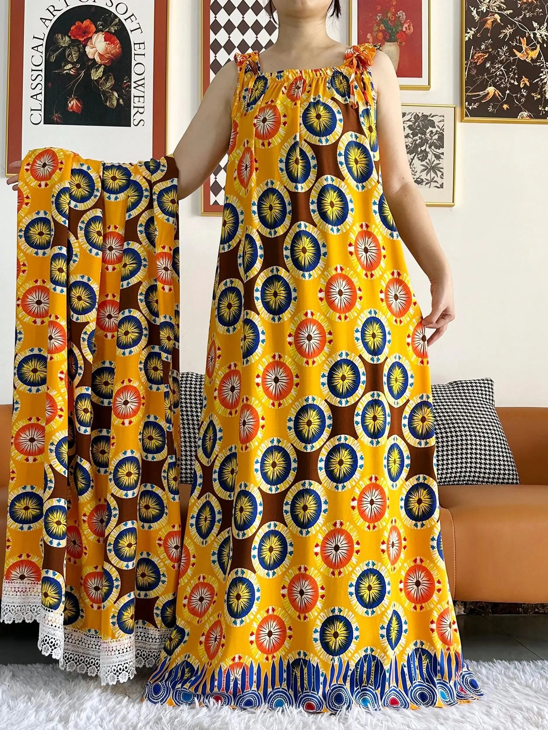 Cotton Summer Sleeveless Dress Print Floral Loose Women Casual Robe With Big Scarf by DERILUJA LLC