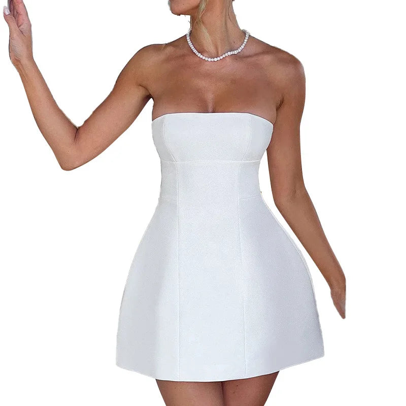 Mini Dresses Solid Patchwork High Waist Summer Fashion Female Bodycon Plunge Vacation Strapless Dress by DERILUJA LLC
