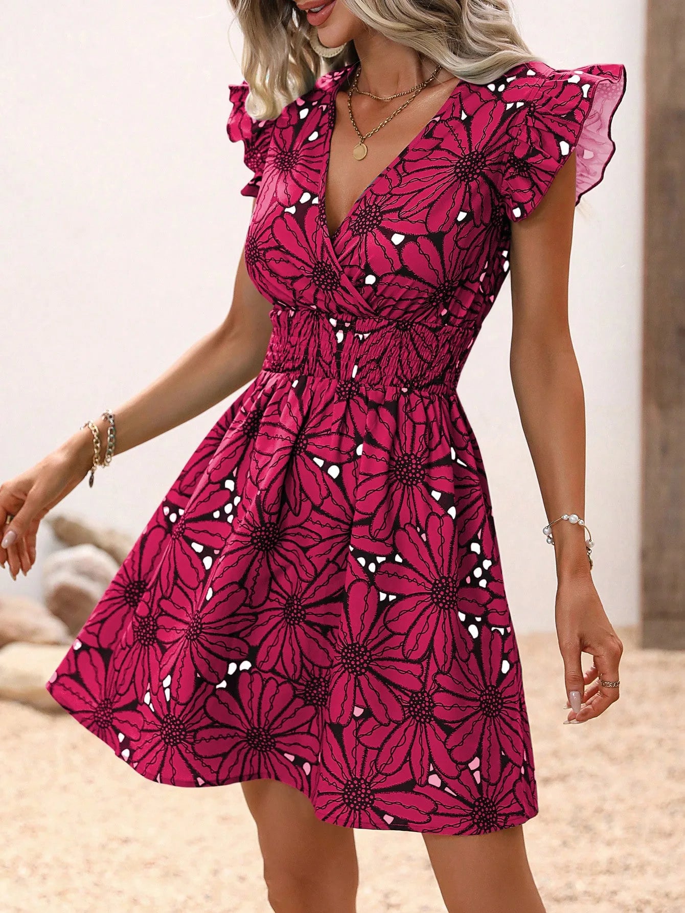 Fashion V-Neck Printed Dress Women's Petal Sleeve Mini Dresses Summer Party A-Line Dress Vestidos
