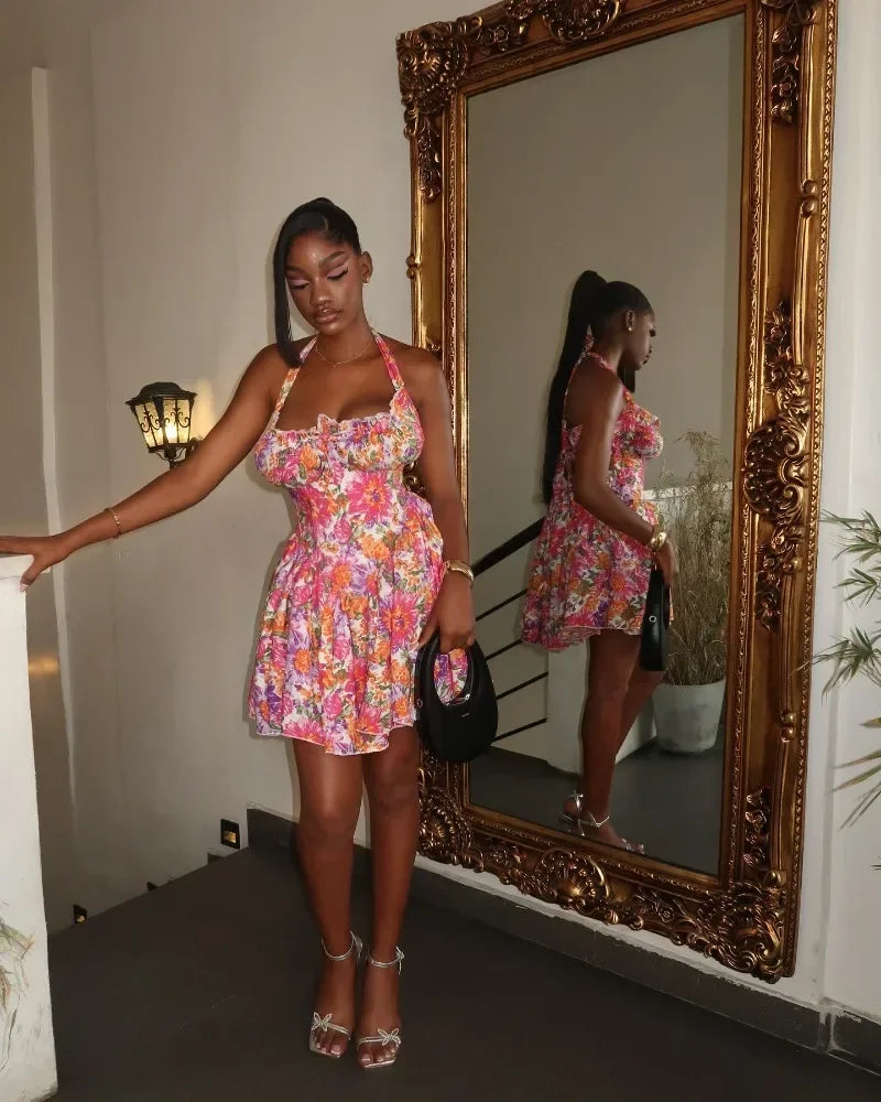 Dress Women Summer Fashion Women Sleeveless Polyester Printing Mini Dress Casual Beach Party Evening Dress by DERILUJA LLC