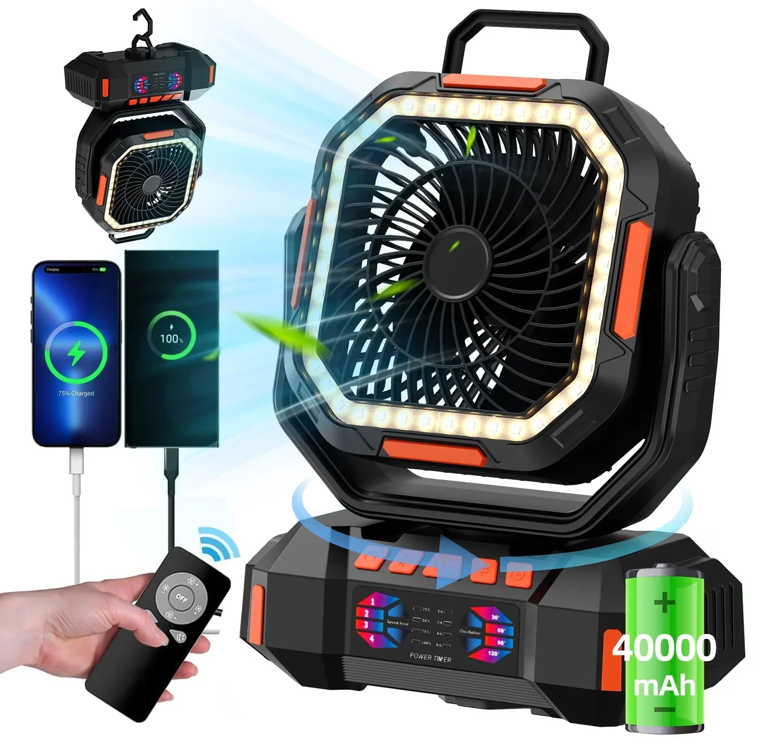 40000mAh Rechargeable Camping Fan with LED Light & Remote by DERILUJA LLC