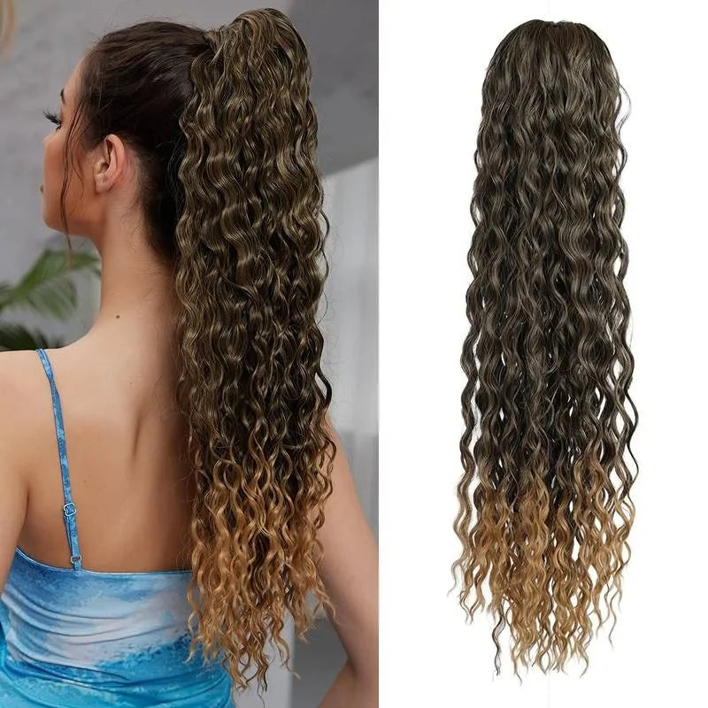 Synthetic Wig 24inch Long Curly Wave Drawstring Ponytail HairPieces Extension Heat Resistant Clip in For Women Girl by DERILUJA LLC