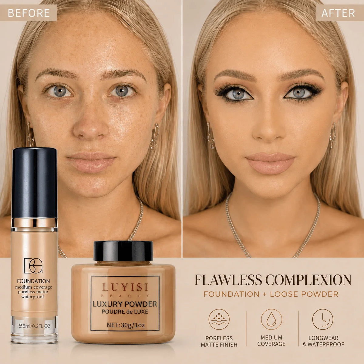 Facial Makeup Set:1pc Matte Loose Powder+1pc Waterproof Fundation,High-Coverage,Long-Lasting,Oil Control,Creat Natural Looks. by DERILUJA LLC