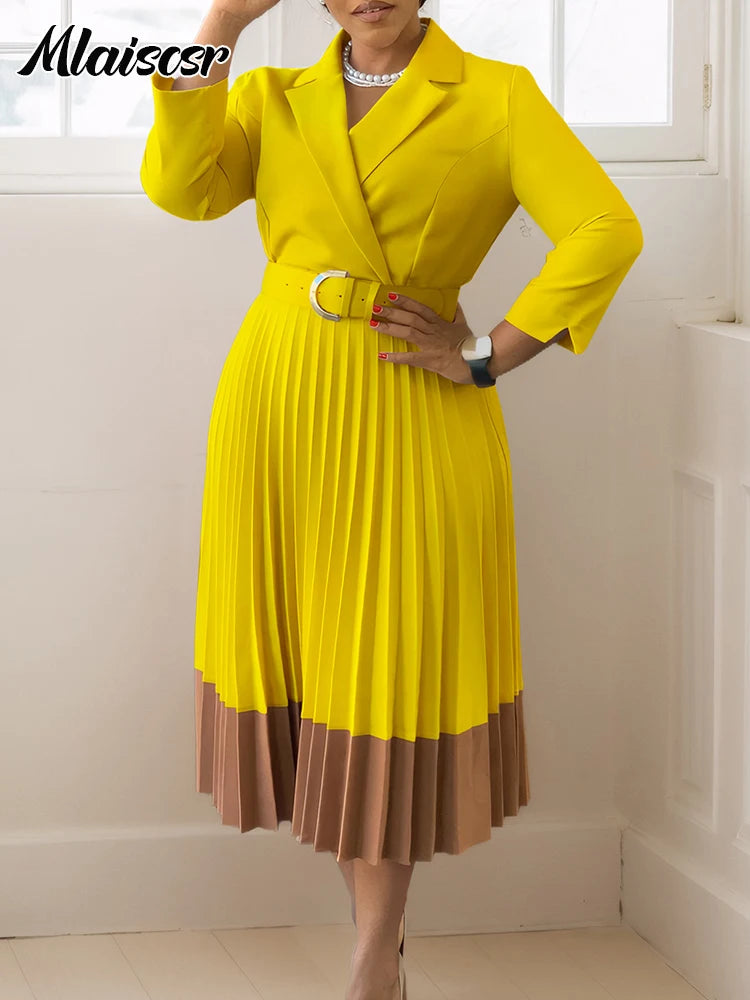 Elegant Long Sleeve Solid High Waist A Line Pleated Dress with Belt Women Office Lady Birthday Evening Vestidos by DERILUJA LLC