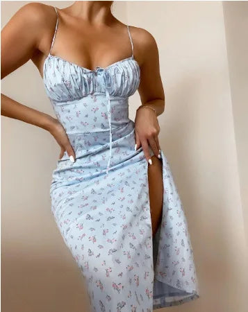 Flower Printed Spaghetti Strap Dresses For Women Low Cut Beach Party Slim Slit Dress Chic Bodycon Lady Sleeveless Vestidos by DERILUJA LLC