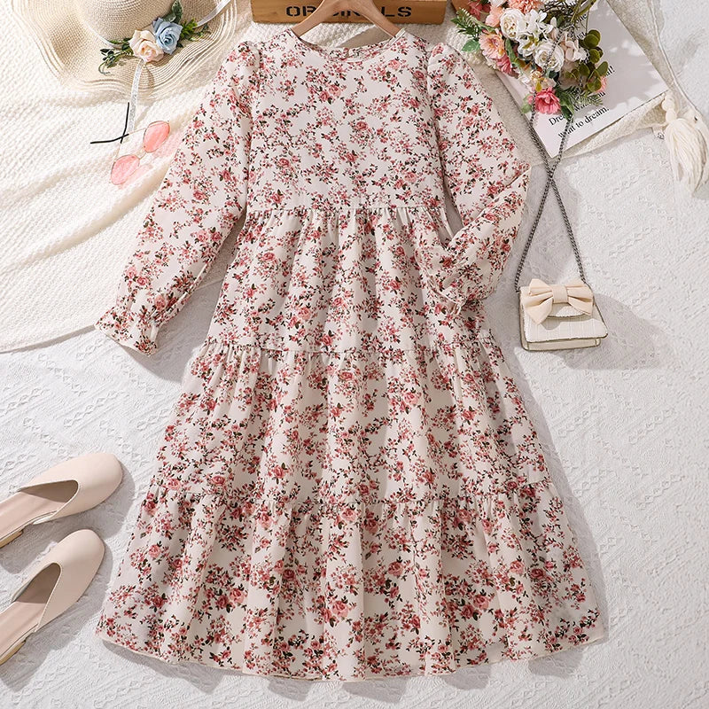 Kids Casual Dress for Girls 2026 New Spring Autumn Teenager Full Printing Long-Sleeved Dress Princess Dress Kids Daily Clothes